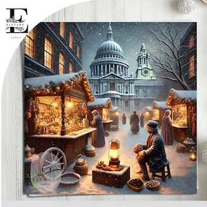 Catedral de San Pablo, Londres victoriano, castañas asadas en el mercado navideño. Tarjeta navideña, elige personalizar 6x6 8x8,6 5 x 5 pulgadas al por mayor