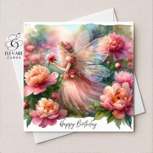 Carte personnalisée de fée fleur de pivoine | Poster pour maman, maman, grand-mère, anniversaire, fête des mères. 6x6"8x8"| Brillant de luxe de haute qualité 420 gsm