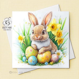 Paaseikonijn, lentekaart | Paashaas met narcissen - gepersonaliseerd - leuke kaart - poster, | Glanzende afwerking, luxe hoogwaardige kwaliteit 420 gsm
