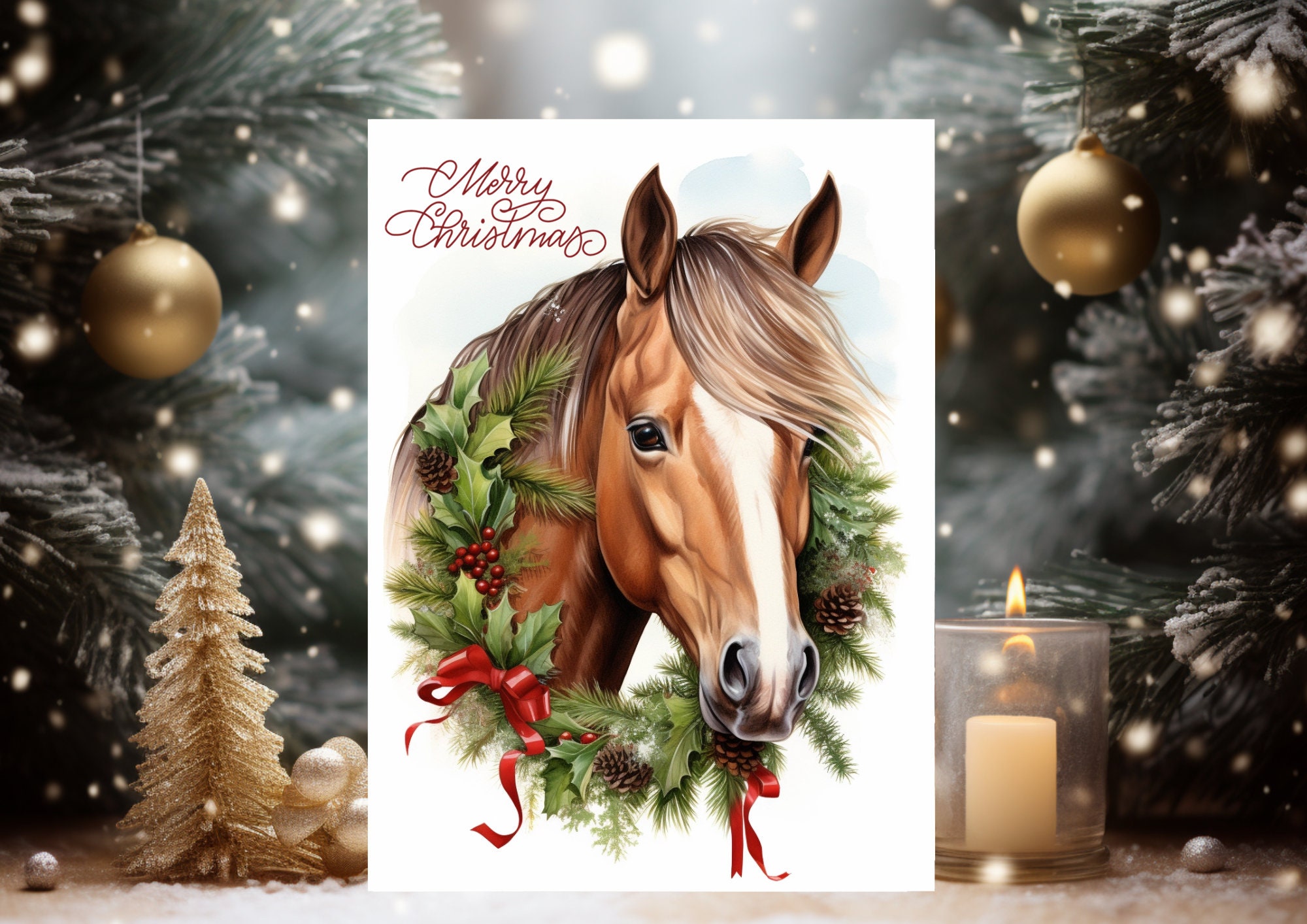 4 X Luxury Horse Christmas Card, Beautiful Horse Dressed in Christmas