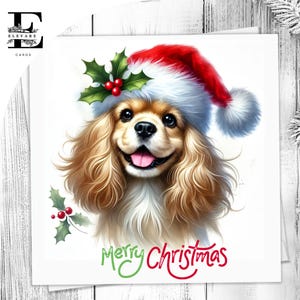 Een kerstkaart voor een cocker-spaniël, leuke kaart voor huisdieren, met een kerstmuts op. Voor hondenliefhebbers. Haar hem. Kies om aan te passen 6 x 6 8 x 8,6 5 x 5 In bulk kopen.