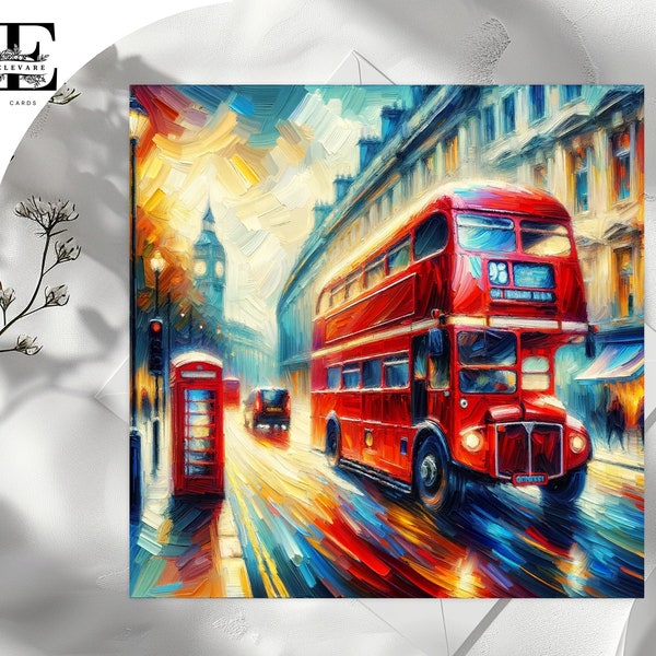 Impressionist Art CARD of a London Scene, Red London Bus. City of London Art 6x6 / 8x8" | Glossy Finish Deluxe Grade 420gsm Can Customise.