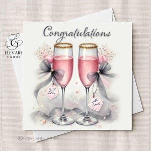 Pink Champagne Cocktails Card | Poster Print | Bubbly Flute, Wedding Engagement, Anniversary Celebration Party, Gloss Deluxe 420gsm 6x6 8x8