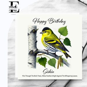 Sijsvogel en berkenboom schilderij van UK Woodland Wild Bird Verjaardagswenskaart met vers 6 x 6 8 x 8" glanzende afwerking luxe hoogwaardige 420 gsm