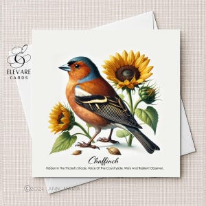 Tentilhão em Girassóis | Cartão de Saudações Aquarela Reino Unido com Pássaro Colorido da Floresta | Impressão em Pôster | Verso | 6x6 8x8 Deluxe Brilhante de Alta Qualidade