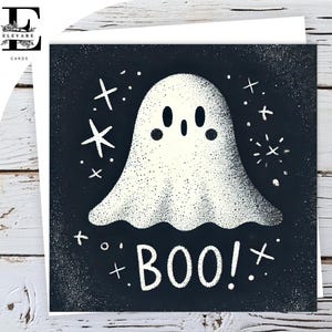 Feliz Dia das Bruxas, Pequeno Fantasma Branco Boo. Saudação em Giz Branco, Cartão de Aniversário. Gloss Deluxe 420gsm Personalizável - Tamanhos, Volume 5x5 - 6x6 - 8x8