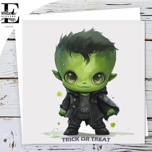 Joyeux Halloween, un petit zombie, un monstre vert minimaliste, carte de voeux d'anniversaire brillante de luxe 420 g/m² personnalisable - tailles en vrac 5 x 5 - 6 x 6 - 8 x 8