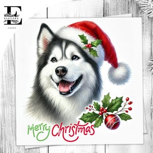 Tarjeta navideña con un perro husky, divertida tarjeta para mascotas, un perro con un gorro de Papá Noel. Para amantes de los perros. Elige entre personalizar 6x6, 8x8,6, 5x5. Compra al por mayor.