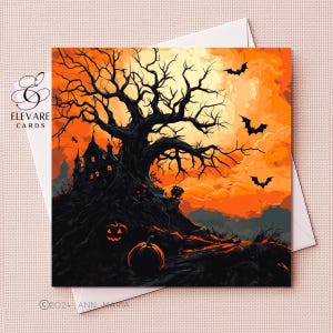 Citrouille d'Halloween joyeuse, carte d'art hantée par un arbre, carte à encadrer de voeux d'automne fantaisiste | Affiche imprimée | 6 x 6 8 x 8 | Brillant de luxe de haute qualité