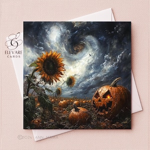 Tournesol des champs de citrouilles d'Halloween, carte étrange, carte de voeux automne lunatique à encadrer | Affiche imprimée | 6 x 6 8 x 8 | Brillant de luxe de haute qualité