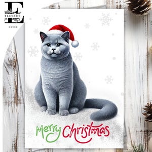 Chat British Blue Shorthair, coiffé d'un chapeau de Noël. Joyeux Noël. Une carte de Noël amusante pour les amoureux des chats, à personnaliser, A5, 6 x A6