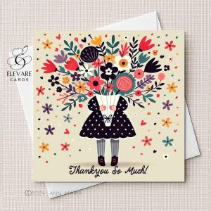 Muchas gracias. Tarjeta - Ramo de flores. Acuarela. Lote de 6 o una tarjeta cuadrada. Tamaños personalizables. Deluxe. 420 g/m²: 12,7 x 13,7 cm, 15,2 x 15,2 cm, 20,3 x 20,3 cm.