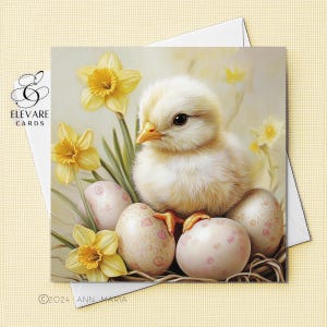 Cartão de Páscoa com Pintinhos da Primavera | Cartão divertido personalizado com ovos de Páscoa e narcisos | Pôster | Cartão de luxo de alta qualidade com acabamento brilhante 420 g/m²