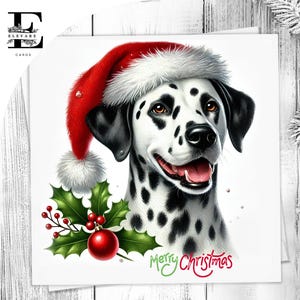 Une carte de Noël de chien dalmatien, chien mignon de carte d'animal de compagnie coiffé d'un bonnet de Noel. Amateurs de chiens, lui ou elle, choisissez de personnaliser l'achat en gros 6 x 6 8 x 8,6 5 x 5.