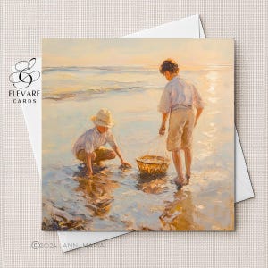 Boys Crabbing at The Beach - vintage, retro - verjaardagskaart vader Vaderdag zoon, kleinzoon - luxe vierkante kaart, poster gepersonaliseerd