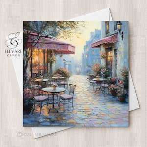Café em uma rua na Inglaterra. Um cartão de arte impressionista rústico | Impressão de pôster | Papel-cartão de alta qualidade | Opções personalizadas. 5x5 6x6 8x8"