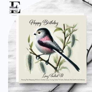 Long Tail Meise, Gemälde eines Waldvogels aus England. Geburtstagskarte mit Vers. "Wähle 6x6 / 8x8" Gloss Finish Deluxe Top Grade 420gsm."