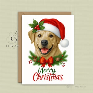 Labrador chien coiffé d'un chapeau de Noël par amusement carte encadrée | affiche | Traditionnelle | Brillant de haute qualité | A5 A4 A3 + Lot de 6 A6
