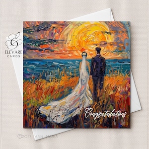 Biglietto di nozze, Sposi, Tramonto. Dipinto ispirato a Van Gogh / Biglietto personalizzato da incorniciare / Quadrato 15x15 cm 8x8" Gls Deluxe Alta qualità 420 g