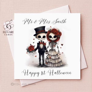 Buon matrimonio di Halloween. Sposa e sposo scheletrici. Biglietto d'auguri / Poster stampato, eccentrico, bizzarro, originale / 15x15 cm 20x20 cm, di alta qualità, lucido.