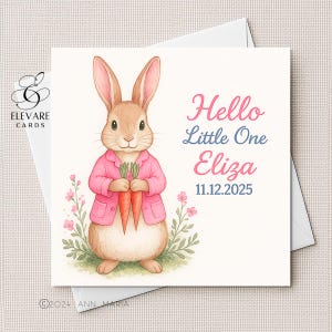 Tarjeta/Póster de Conejito Recién Nacido. Hola Bebé/Niña. Personalizable. Bonita ilustración para habitación infantil. Alta calidad. Cuadrado (6x6 8x8)