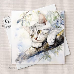 Aquarelle de chat tigré gris argenté | Carte vierge | affiche | Tous les amoureux des chats. Elle, lui, options de personnalisation | Carré 6x6 8x8 11,5X11,5 EN VRAC