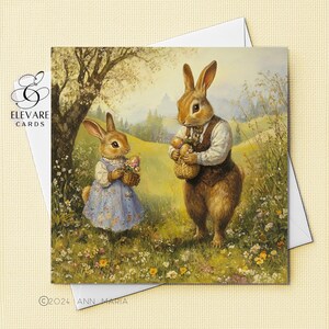 Tradizionale cartolina di Pasqua con favola / poster / Conigli padre e figlia, uova di Pasqua primaverili / Personalizzato / Carta lucida di alta qualità, quadrata, 420 g/m²