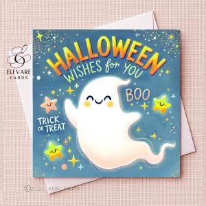Halloween Wishes For You, Cute Ghost Boo, Trick or Treat Quirky, Whimsical, Funky Greeting Card | Poster Print |6x6 8x8 Deluxe Quality Gloss