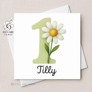 Un an, carte d'anniversaire | Affiche. Motif marguerite numéro 1 et prénom personnalisé pour fille, fille, petite-fille. Carré de haute qualité 6x6-8x8