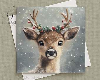 Winterse herten, rendieren en andere wilde dieren in het bos: kerstkaart | posterprint. Gepersonaliseerd | Blanco. Hoogwaardige vierkante poster van 5x5, 6x6 en 8x8 inch.
