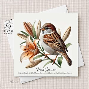 L'oiseau moineau domestique | Aquarelle d'oiseau coloré des bois du Royaume-Uni carte de vœux | Affiche imprimée | Verset | 6x6 8x8 Deluxe haute qualité brillant