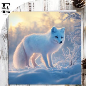 Renard arctique en hiver, carte de Noël, papa et maman, femme mari, fiancé. Choisissez la personnalisation, recto et carte intérieure 6 x 6 8 x 8,6 5 x 5 ÉCONOMIES Achat en gros