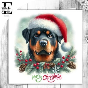 een rottweilerhond met een kerstmuts. Een leuke kerstkaart voor alle hondenliefhebbers. Haar of hem. Kies om aan te passen 6 x 6 8 x 8,6 5 x 5 In bulk kopen.