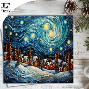 Tarjeta navideña con escena de invierno nevada impresionista de estilo noche estrellada, obra de arte inspirada. Elija personalizar 6x6 8x8,6 5x5 AHORRE Compra al por mayor