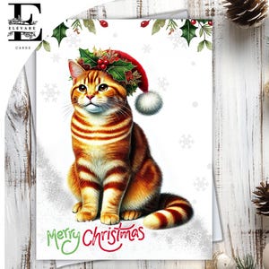 Chat tigré roux portant un chapeau de Noël. Carte de Noël, joyeux Noël. Pour les amoureux des chats de tous âges. Choisissez Personnalisé, A5, 6x A6