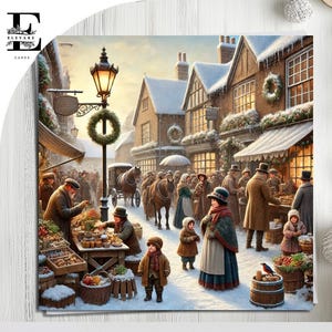Alter englischer Dorfmarkt im Winter. Dickens Viktorianische Weihnachtskarte, Verschneite Vintage Kunst. Wählen Sie zum Anpassen 6x6 8x8,6 5 x 5 Zoll Schüttgut