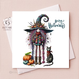 Halloween funky jonge heks pompoen en kat, eigenzinnig, grillig, framebaar wenskaart | Posterafdruk | 6 x 6 8 x 8 inch, luxe, hoogwaardige glans