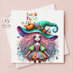 Giovane strega di Halloween con i capelli colorati, eccentrica, bizzarra, biglietto d'auguri incorniciabile / stampa poster / 6x6 8 x 8 pollici, deluxe, lucida di alta qualità