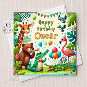 Tarjeta de cumpleaños con animales de la selva para guardería. Personalizada para bebé, niño pequeño, niño, ella, él, hija, hijo o nieta. Tarjeta cuadrada de lujo de 15x15-20x20 cm.