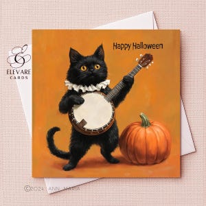 Joyeux Halloween chat noir vintage avec banjo et citrouille Carte de vœux originale, fantaisiste, géniale | Affiche imprimée | 6 x 6 8 x 8 brillant de qualité de luxe