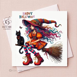 Halloween funky jonge heks bezem & kat, eigenzinnig, grillig, framebaar wenskaart | Posterafdruk | 6 x 6 8 x 8 inch, luxe, hoogwaardige glans