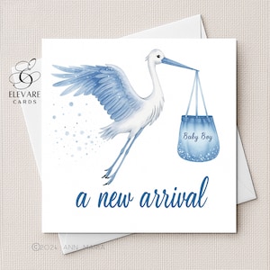 Tarjeta de cigüeña recién nacida / Póster / ¡Bebé recién nacido! / Azul / Personalizable / Ilustración infantil adorable / Cuadrado de lujo. 15x15x20 cm