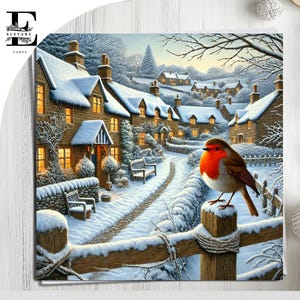 Winter Wonderland English Countryside & Rotkehlchen, Weihnachtskarte Schnee Vintage Artwork. Leere Karte, wählen Sie besonders anfertigen 6x6 8x8,6 5x5 Schütt