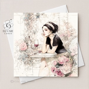 Esquisse | Jeune femme se détendre avec un verre de vin. carte d'anniversaire | Affiche. Fille, petite-fille, soeur, amie 6 x 6,8 x 8 haute qualité 420 g/m²