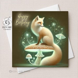 Magischer Fuchs, der auf einem Pilz sitzt, alles Gute zum Geburtstag, danke, irgendein Text. Stilvolles Design. Mum, Schwester Tocher 6x6 / 8x8" Glossy Deluxe 420gsm