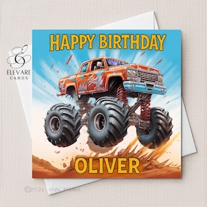 Monstertruck, alles Gute zum Geburtstagskarte, Sohn, Enkel, Bruder, Neffe-Illustrations-lustige Grafik für Kinder, Jungen-Geburtstags-glänzende Oberfläche alles Alter