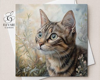 Brown Tabby Cat Watercolour Portrait | Card | Poster | All Cat Lovers. Her, Him, Personalised Options | Square 6x6 8x8 11.5X11.5 BULK Buy