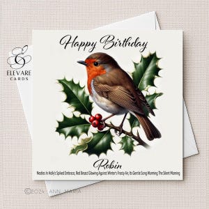 Robin Bird et Holly | Aquarelle, oiseau sauvage couleur des bois du Royaume-Uni, voeux, carte de Noël | Affiche imprimée | et vers | De luxe brillant 6 x 6 8 x 8 po.