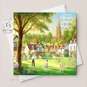 Englische Village Cricket, der glückliche Vatertag | Geburtstagskarte. Papa, Papi, Sohn, Enkel. Special Day, glänzend quadratische Deluxe-Karte, personalisiert