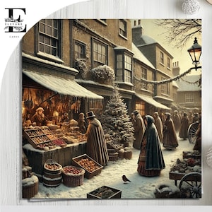Vieux marché de village anglais en hiver. Carte de Noël victorienne Dickens, oeuvre d'art vintage enneigée. Choisissez de personnaliser en vrac 6 x 6 8 x 8,6 5 x 5 pouces
